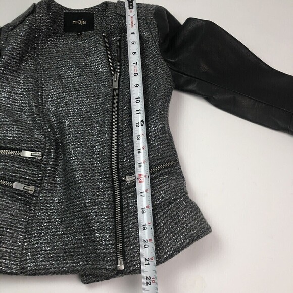 Maje Moto Jacket size 2 Leather Sleeve Silver Metallic Black Remeur Wool tweed - Picture 7 of 10